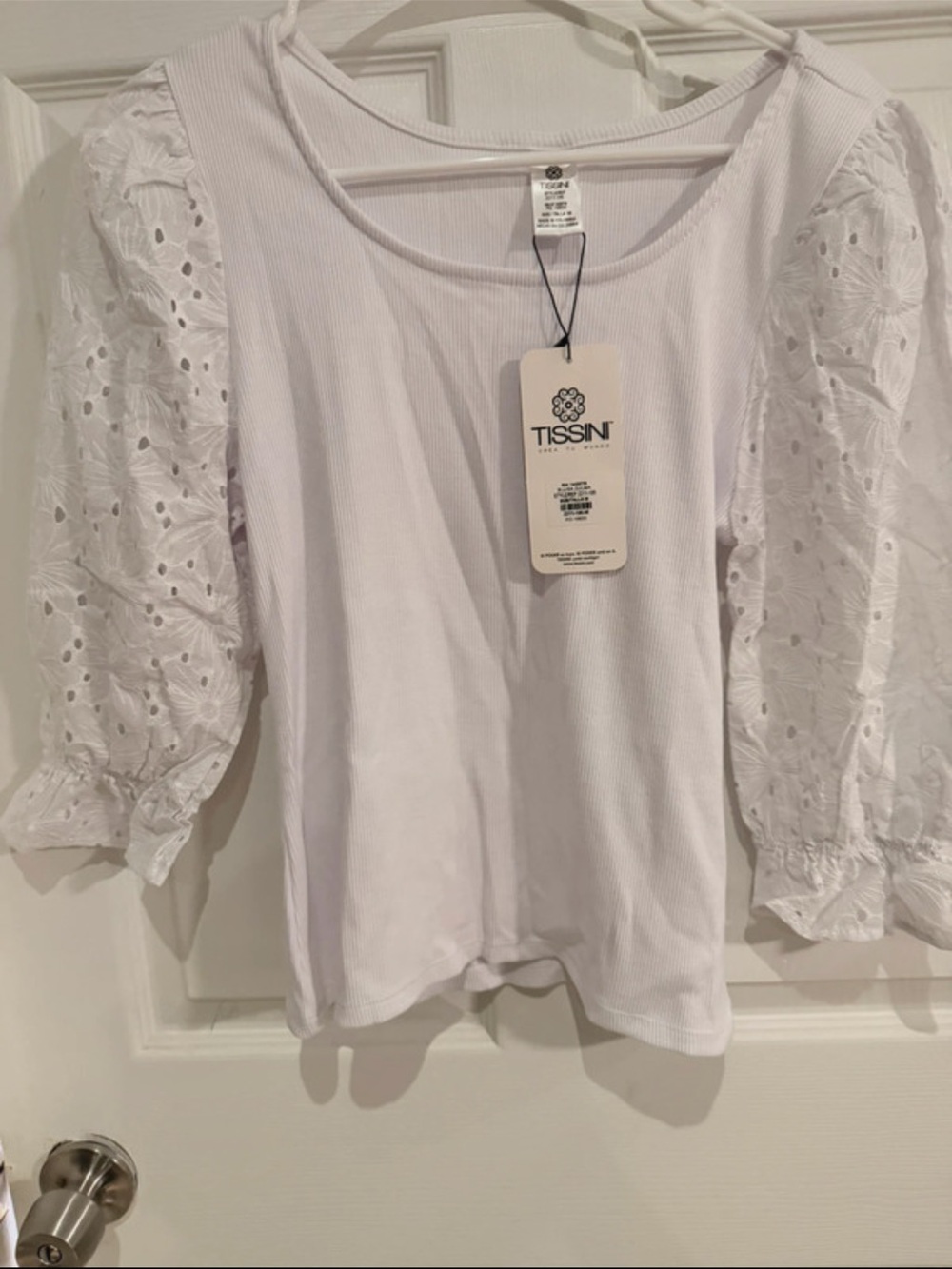 ISSI White Eyelet Puff Sleeve Ribbed Long Sleeve Top